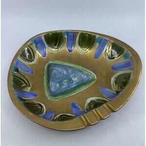 Sascha Brastoff MCM Enamel Metal Ashtray Signed Triange Atomic Gold/Blue/Green